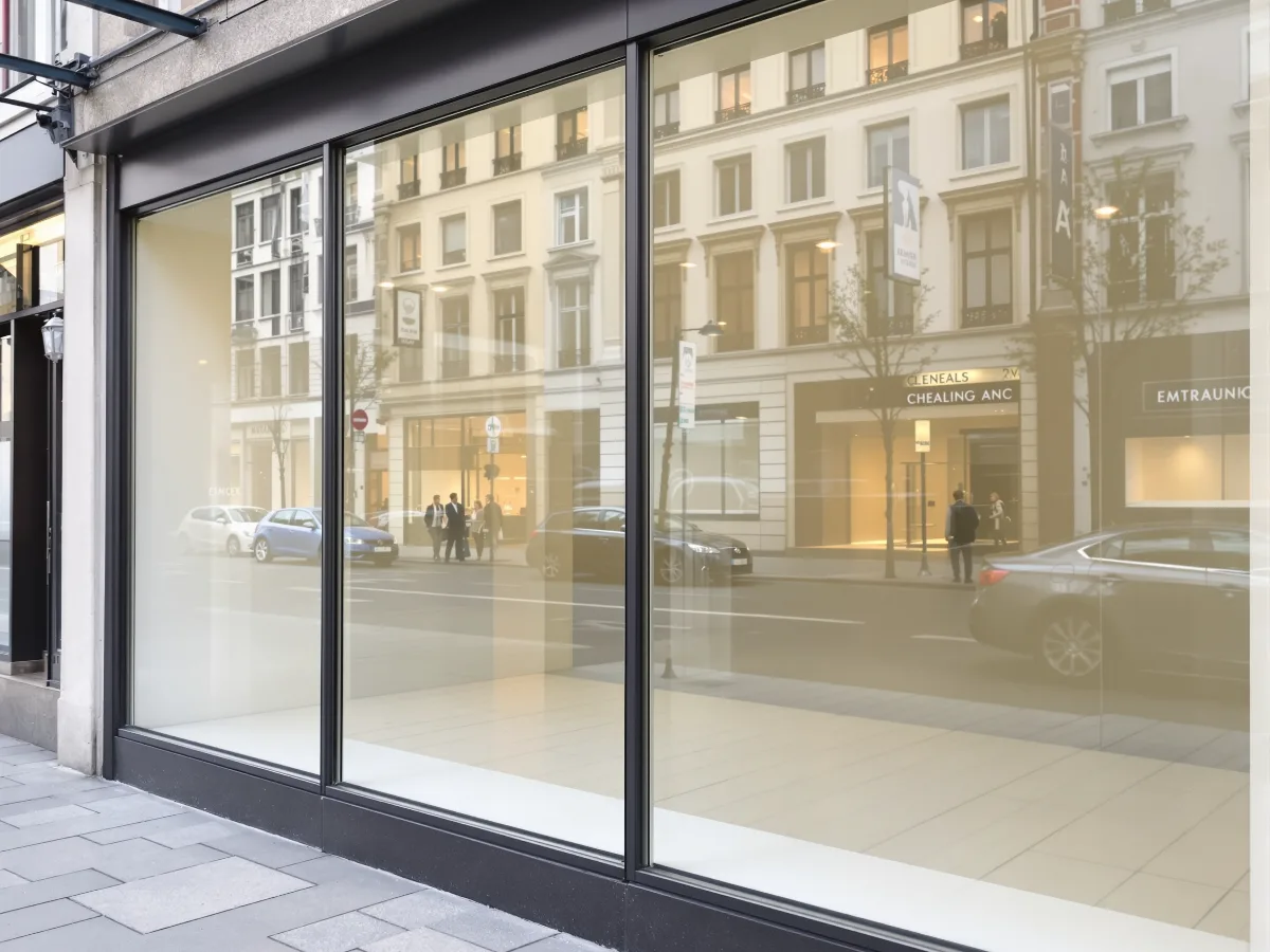 Grande vitrine de commerce sur une rue commerçante d'Anderlecht, verre propre et transparent