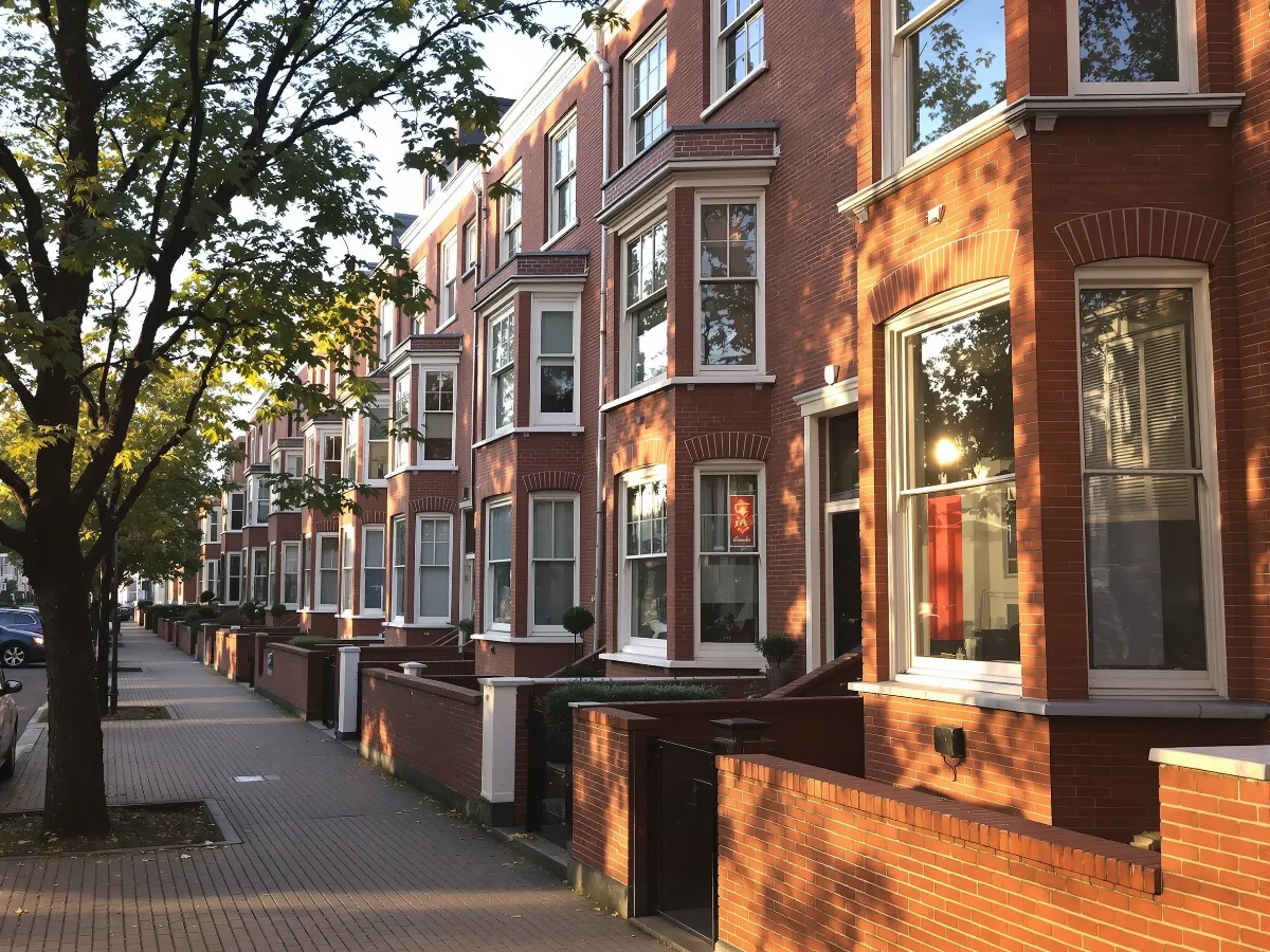 Rangée de maisons de rangée typiques d'Anderlecht en briques, fenêtres et vitrages, vue de rue en journée