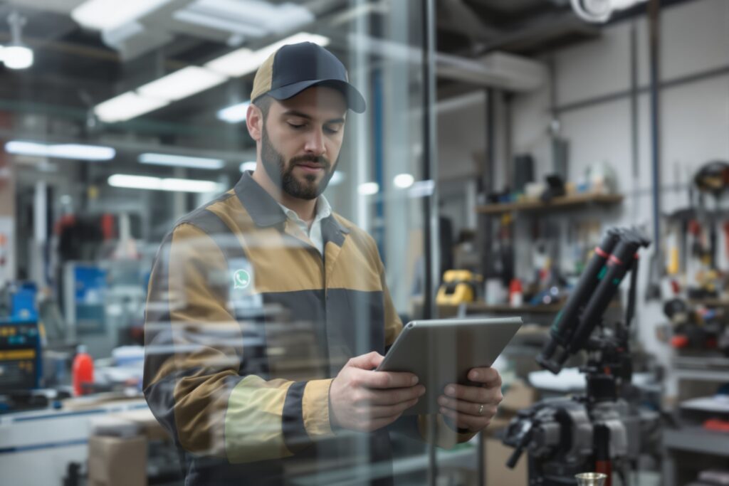 Technicien vitrier professionnel utilisant WhatsApp pour diagnostic